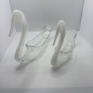 Vintage Hand Blown Glass Swan Pair White Clear Art Glass Figurines Set of 2
